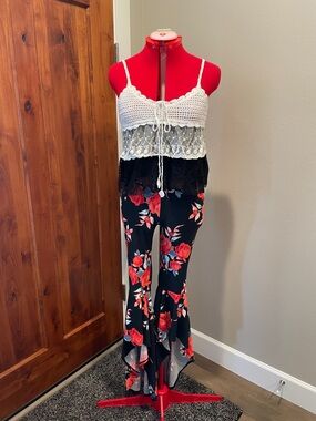 Floral Boot-Flare Pants w/CrochetTop